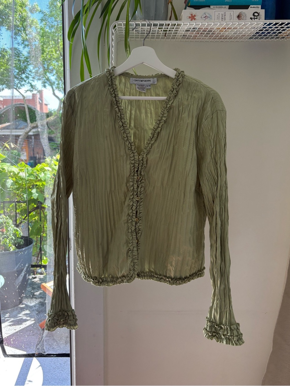 Simons Olive Green Ruffle-Trim Long Sleeve Blouse